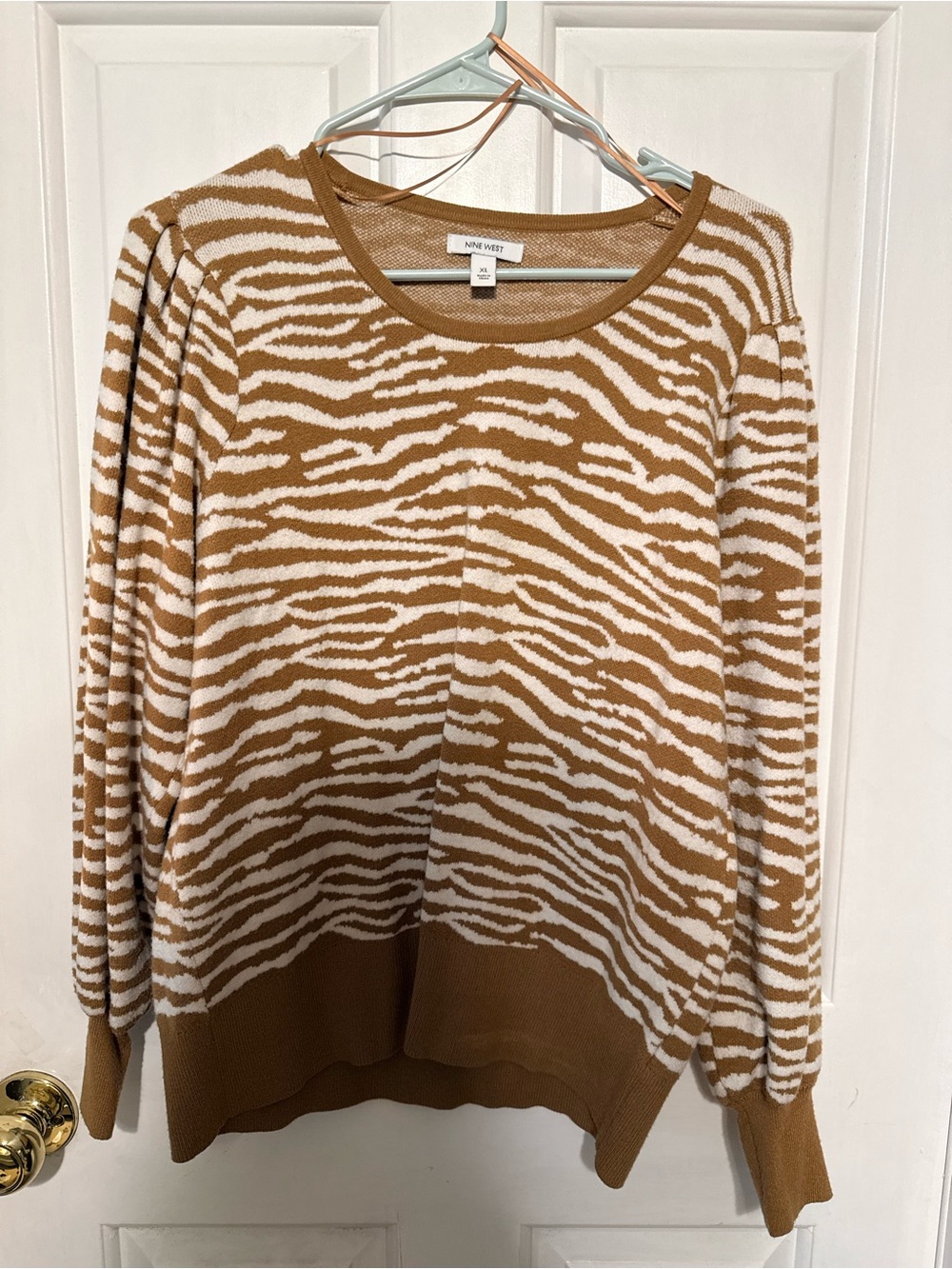 Nine West Camel and White Zebra-Stripe Crewneck Sweater
